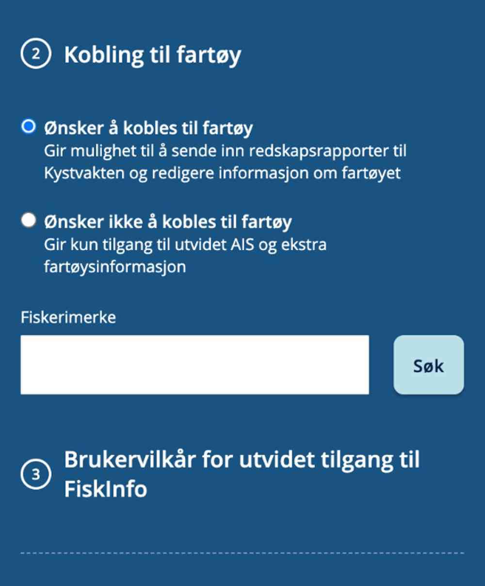 Legg inn fiskerimerke for å koble til fartøy.